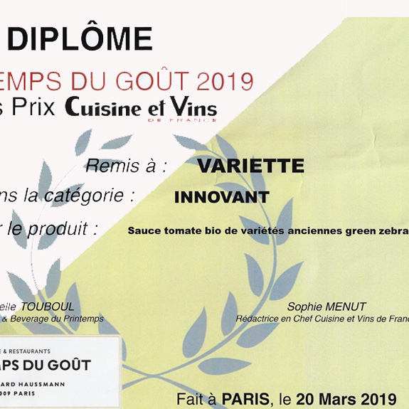 Prix innovation Cuisine et Vins de France pour la sauce tomate green zebra bio – Mars 2019