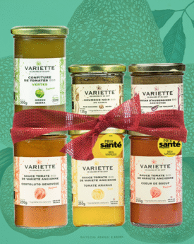 Coffret Cadeau : 3 sauces tomates, 1 confiture, 1 caviar d’aubergines et 1 houmous noir dans un joli coffret enrubanné