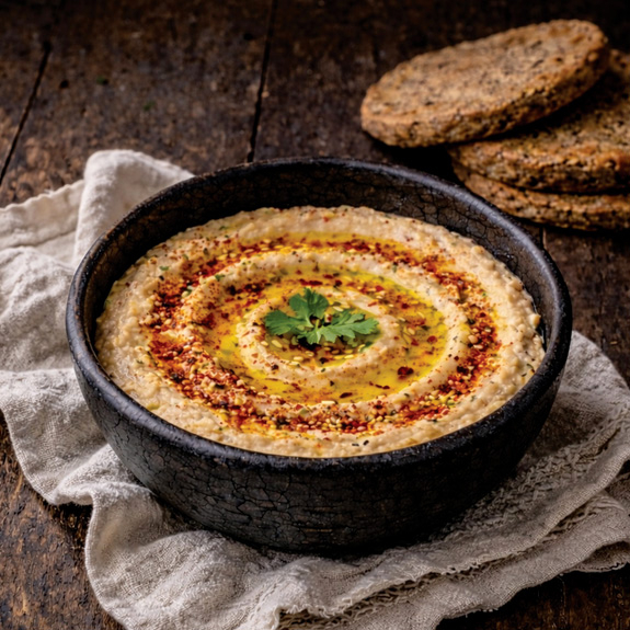 GALETTES DE SARRASIN ET HOUMOUS DE POIS CHICHES BLANCS AU PIMENT D’ESPELETTE